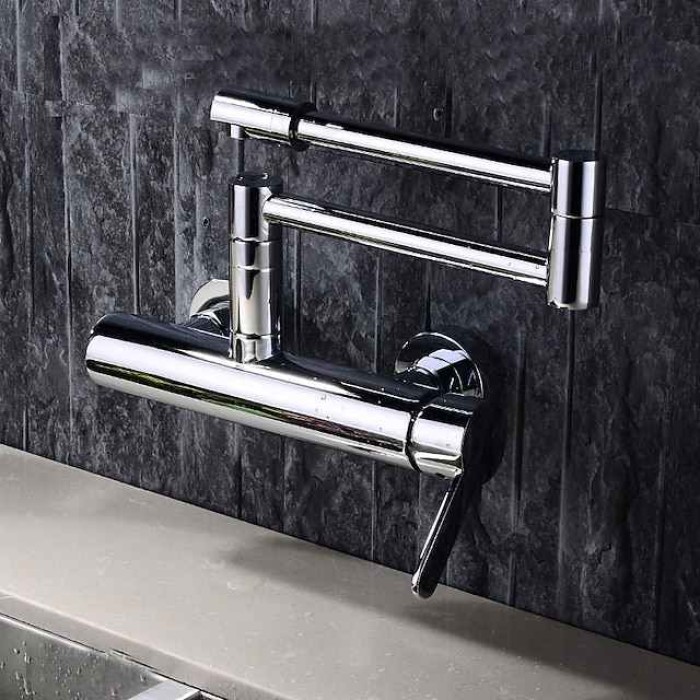 2 Hole Pot Filler Sink Mixer Kitchen Faucet Chrome, Wall Mounted Kitchen taps Brass Folding Kitchen Tap with Cold and Hot Hose, Double Joint Swing Arm Foldable Vessel Water Tap