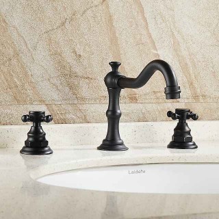 Antique Copper Bathroom Sink Faucet,Widespread Oil-rubbed Bronze Centerset Two Handles Three Holes Bath Taps with Hot and Cold Switch