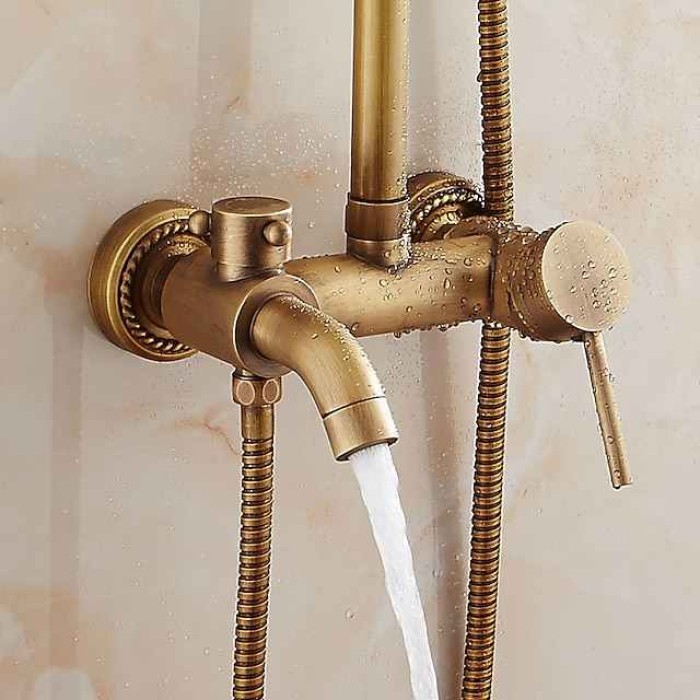 Vintage Shower System Faucet Set, 8" Rainfall Shower Head with Handheld Handshower Combo Kit Wall Mounted, Adjustable Brass Body and Single Handle One Hole Bath Shower Mixer Taps