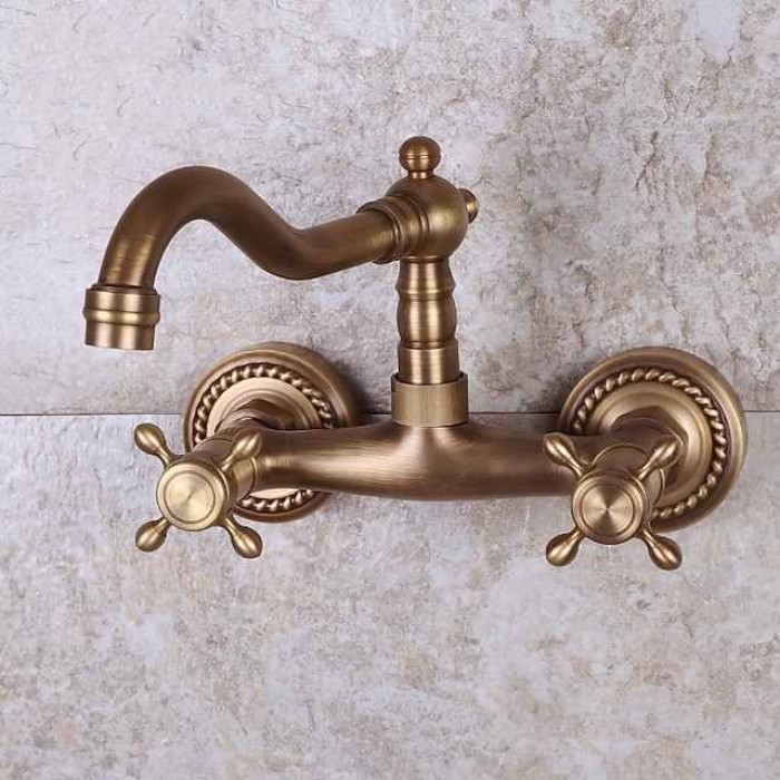 Art Deco Antique Brass Sprinkle Sink Faucets,  Wall Mount Two Handles Two Holes Kitchen Faucet with Hot and Cold Water Switch