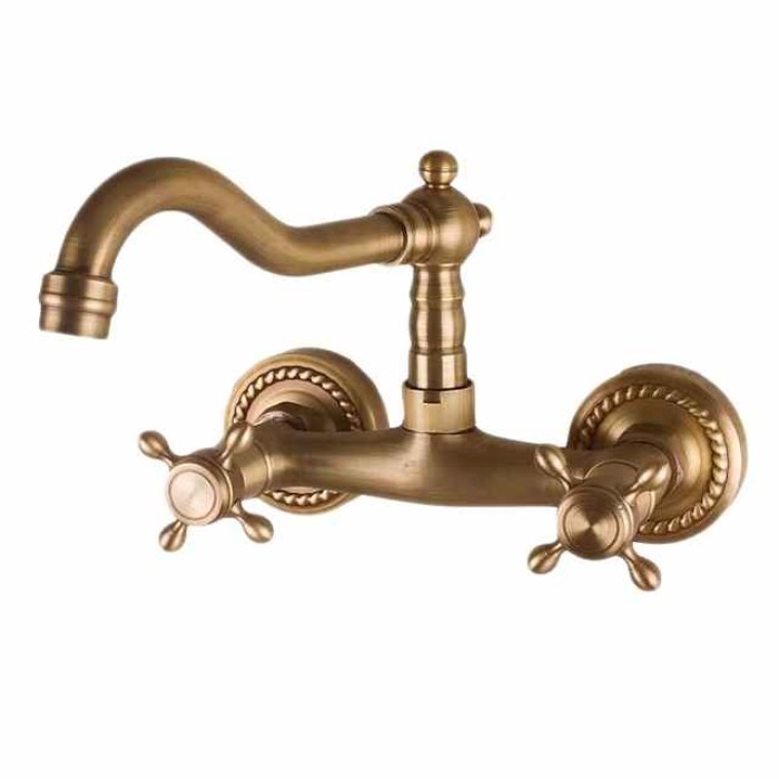 Art Deco Antique Brass Sprinkle Sink Faucets,  Wall Mount Two Handles Two Holes Kitchen Faucet with Hot and Cold Water Switch