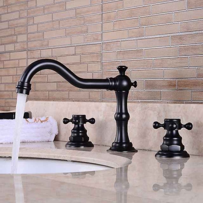 Widespread Bathroom Sink Faucet,Two Handle Three Holes, Brass ORB Bathroom Sink Faucet Contain with Supply Lines and Drain Plug and Hot/Cold Switch