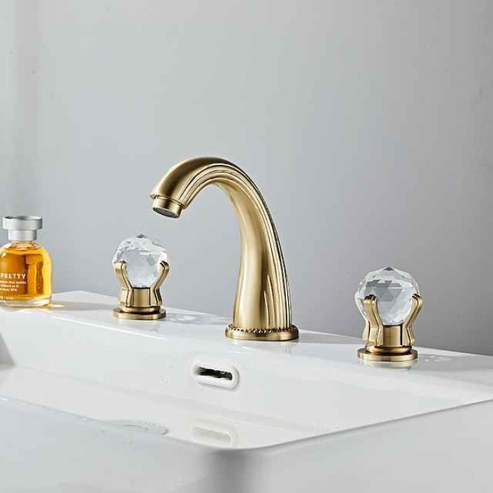 Widespread Bathroom Sink Mixer Faucet, Brass Basin Taps 2 Handle 3 Hole Retro Style Crystal Handle, Washroom Bath with Hot and Cold Water Hose