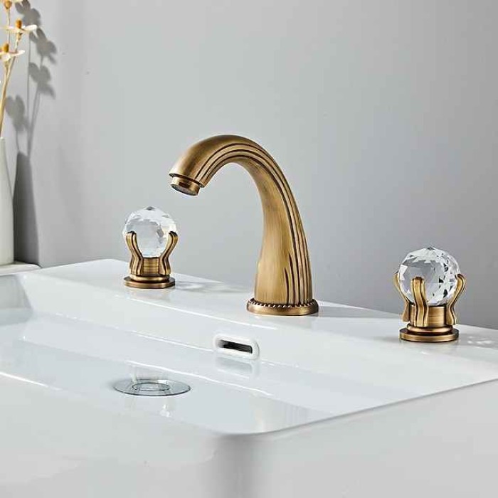 Widespread Bathroom Sink Mixer Faucet, Brass Basin Taps 2 Handle 3 Hole Retro Style Crystal Handle, Washroom Bath with Hot and Cold Water Hose