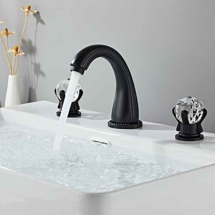 Widespread Bathroom Sink Mixer Faucet, Brass Basin Taps 2 Handle 3 Hole Retro Style Crystal Handle, Washroom Bath with Hot and Cold Water Hose