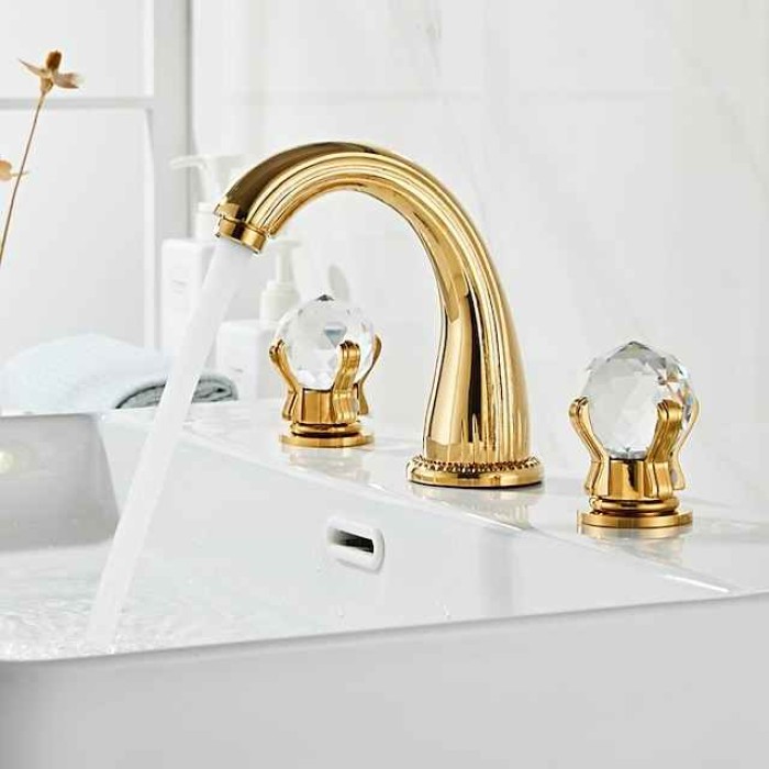 Widespread Bathroom Sink Mixer Faucet, Brass Basin Taps 2 Handle 3 Hole Retro Style Crystal Handle, Washroom Bath with Hot and Cold Water Hose