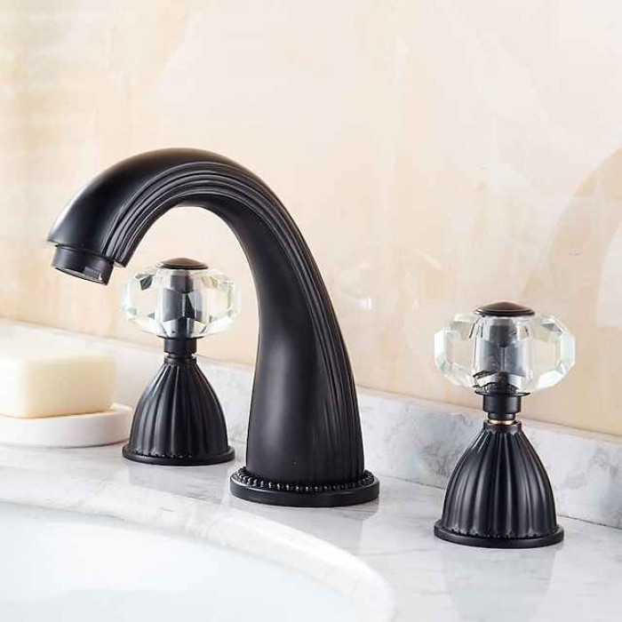 Widespread Bathroom Sink Mixer Faucet, Brass Basin Taps 2 Handle 3 Hole Retro Style Crystal Handle, Washroom Bath with Hot and Cold Water Hose