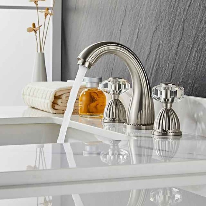 Widespread Bathroom Sink Mixer Faucet, Brass Basin Taps 2 Handle 3 Hole Retro Style Crystal Handle, Washroom Bath with Hot and Cold Water Hose