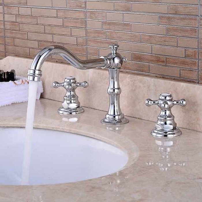 Bathroom Sink Faucet,Widespread Two Handle Three Holes, Brass Chrome Bathroom Sink Faucet Contain with Supply Lines and Drain Plug and Hot/Cold Switch