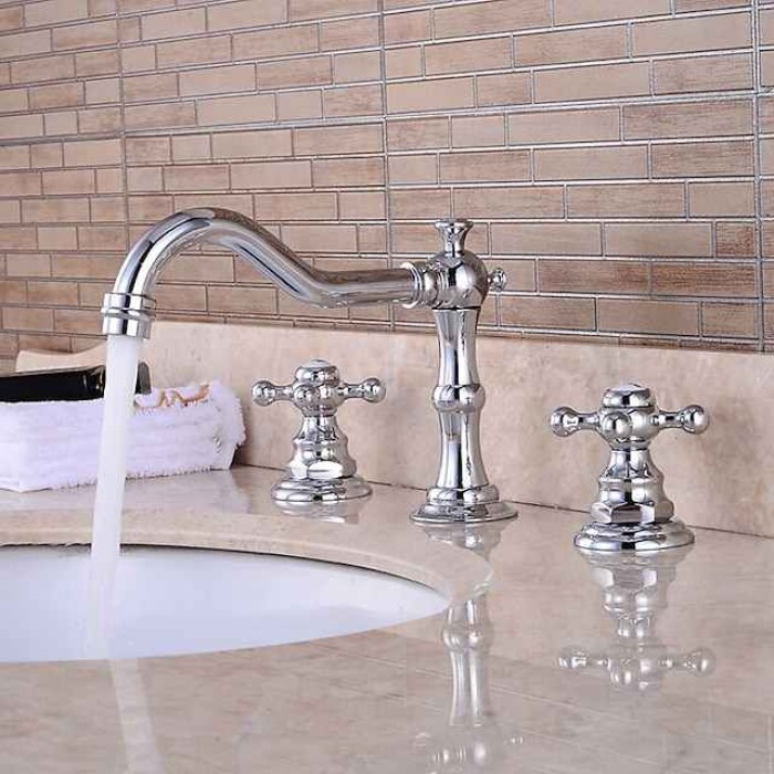 Bathroom Sink Faucet,Widespread Two Handle Three Holes, Brass Chrome Bathroom Sink Faucet Contain with Supply Lines and Drain Plug and Hot/Cold Switch