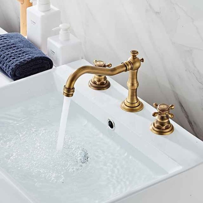 Bathroom Sink Faucet,Widespread Two Handle Three Holes, Brass Chrome Bathroom Sink Faucet Contain with Supply Lines and Drain Plug and Hot/Cold Switch