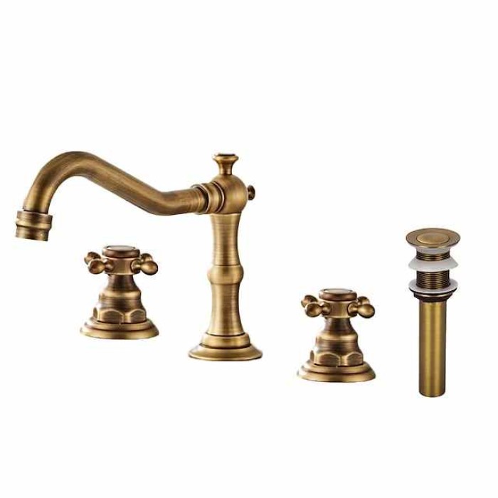 Bathroom Sink Faucet,Widespread Two Handle Three Holes, Brass Chrome Bathroom Sink Faucet Contain with Supply Lines and Drain Plug and Hot/Cold Switch