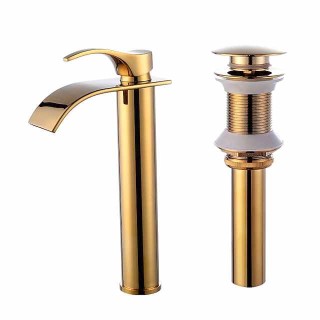 Bathroom Faucet Set,Retro Style Brass Waterfall Golden Centerset Tall Waterfall Single Handle One Hole Bath Taps with Hot and Cold Water Switch and Pop-up Drain