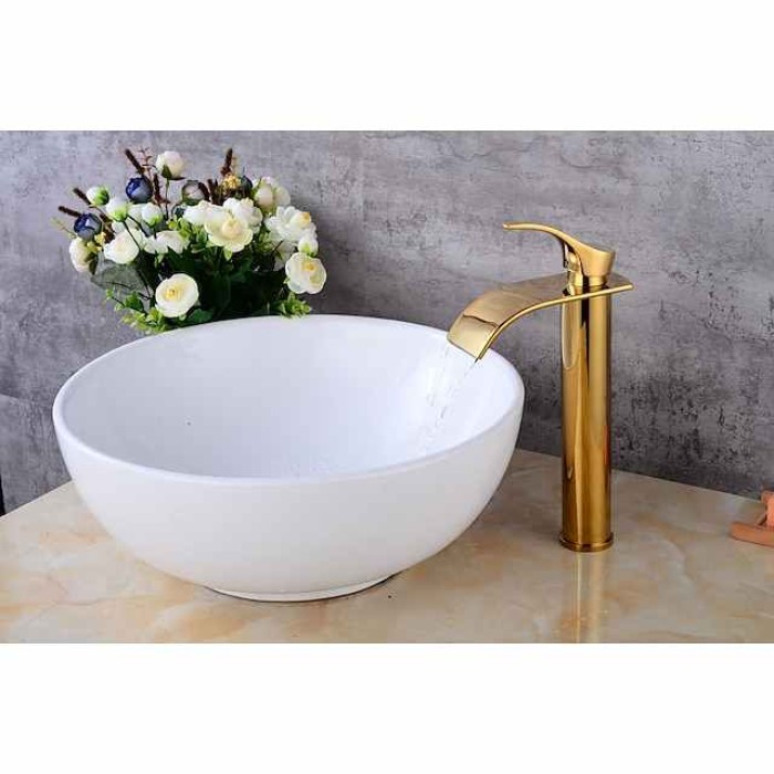 Bathroom Faucet Set,Retro Style Brass Waterfall Golden Centerset Tall Waterfall Single Handle One Hole Bath Taps with Hot and Cold Water Switch and Pop-up Drain