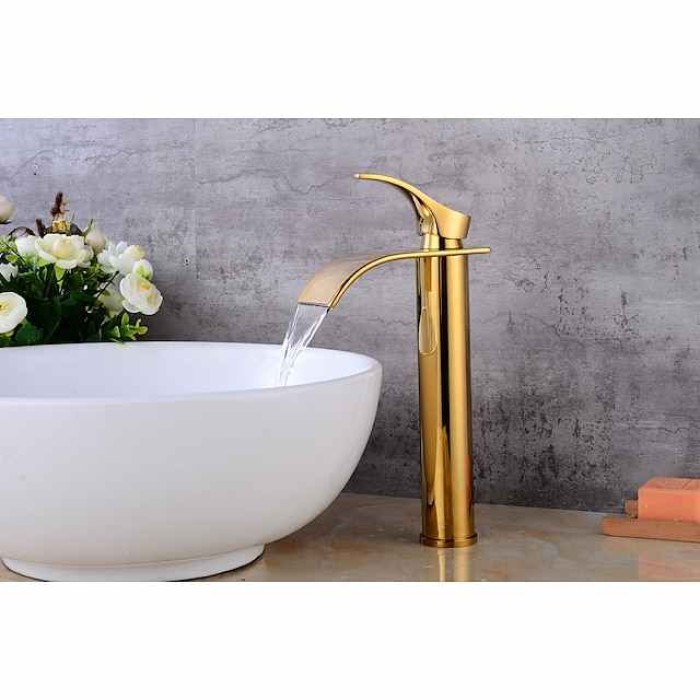 Bathroom Faucet Set,Retro Style Brass Waterfall Golden Centerset Tall Waterfall Single Handle One Hole Bath Taps with Hot and Cold Water Switch and Pop-up Drain