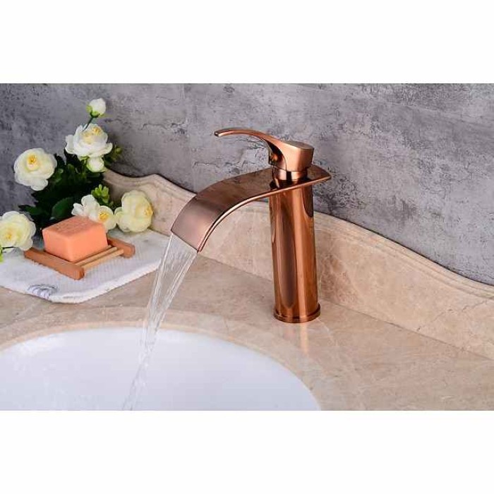 Bathroom Sink Faucet,Modern Style Single Handle Rose Golden One Hole Waterfall,Oil-rubbed Cooper with Drain and Brass Faucet Body with Hot and Cold Water and Pop-up Drain