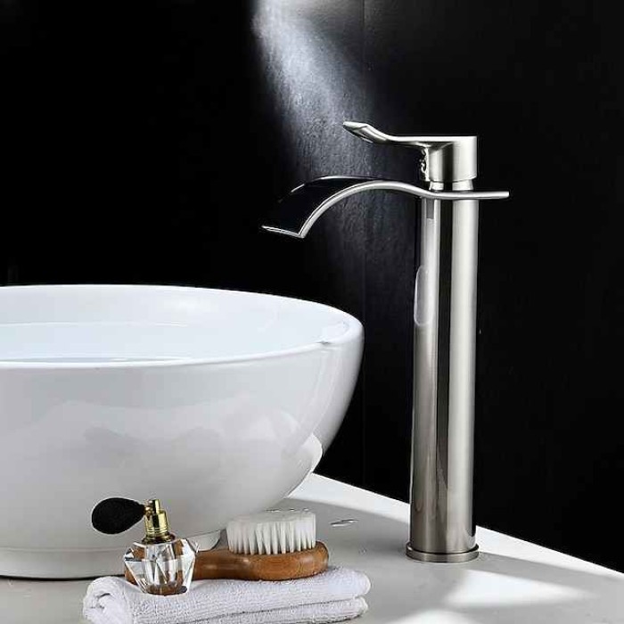 Brass Bath Sink Faucet with Drain,Waterfall Rose Gold Tall Centerset Single Handle One Hole Bath Taps with Hot and Cold Water