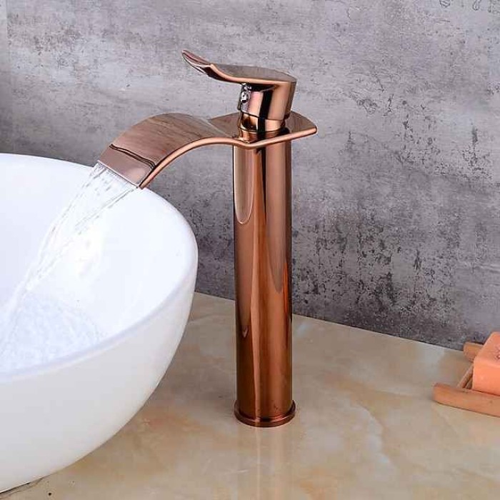 Brass Bath Sink Faucet with Drain,Waterfall Rose Gold Tall Centerset Single Handle One Hole Bath Taps with Hot and Cold Water