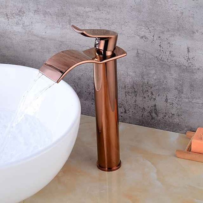 Brass Bath Sink Faucet with Drain,Waterfall Rose Gold Tall Centerset Single Handle One Hole Bath Taps with Hot and Cold Water