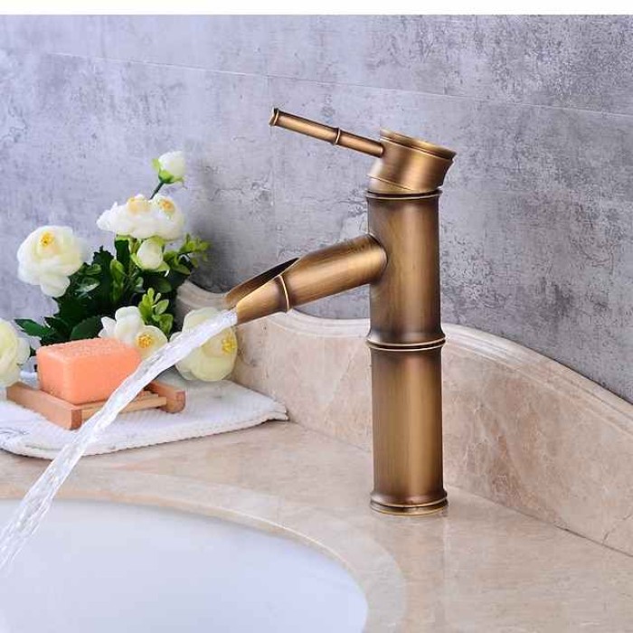 Brass Bathroom Sink Faucet,Single Handle One Hole Antique Copper Faucet Set with Pop-up Drain and Hot/Cold Water