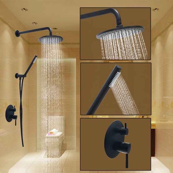 Round Shower System Faucet Set Rainfall Shower Head 8 inch,  Rough In Valve and Trim Kit Combo Kit, High Pressure Heldhead Wall Mounted for Bath Bathroom