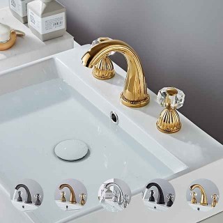 Widespread Bathroom Sink Mixer Faucet, 3 Holes 2 Handle Basin Tap, Retro Style Crystal Handle Brass Bathroom Sink Faucet Contain with Supply Lines and Hot Cold Water Hose Deck Mounted