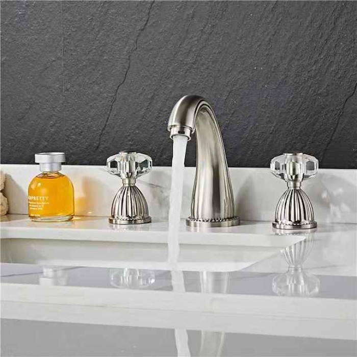 Widespread Bathroom Sink Mixer Faucet, 3 Holes 2 Handle Basin Tap, Retro Style Crystal Handle Brass Bathroom Sink Faucet Contain with Supply Lines and Hot Cold Water Hose Deck Mounted