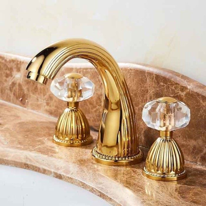 Widespread Bathroom Sink Mixer Faucet, 3 Holes 2 Handle Basin Tap, Retro Style Crystal Handle Brass Bathroom Sink Faucet Contain with Supply Lines and Hot Cold Water Hose Deck Mounted