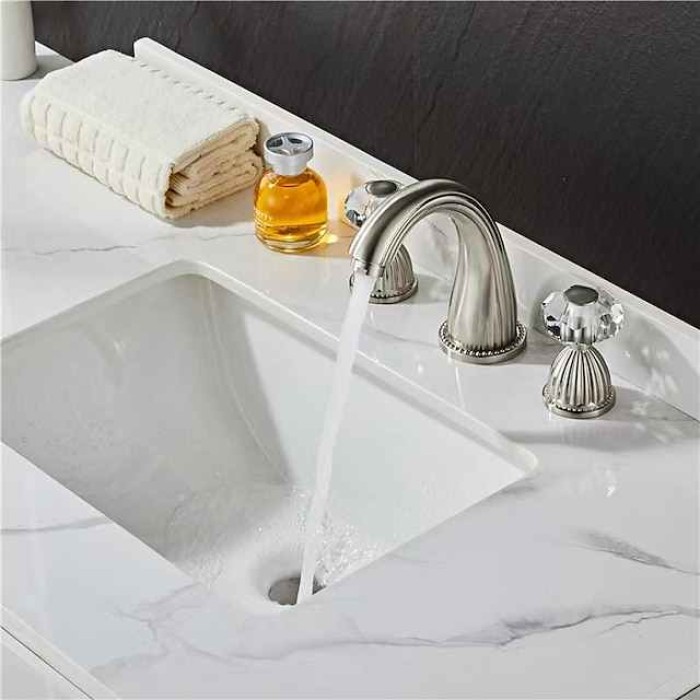 Widespread Bathroom Sink Mixer Faucet, 3 Holes 2 Handle Basin Tap, Retro Style Crystal Handle Brass Bathroom Sink Faucet Contain with Supply Lines and Hot Cold Water Hose Deck Mounted