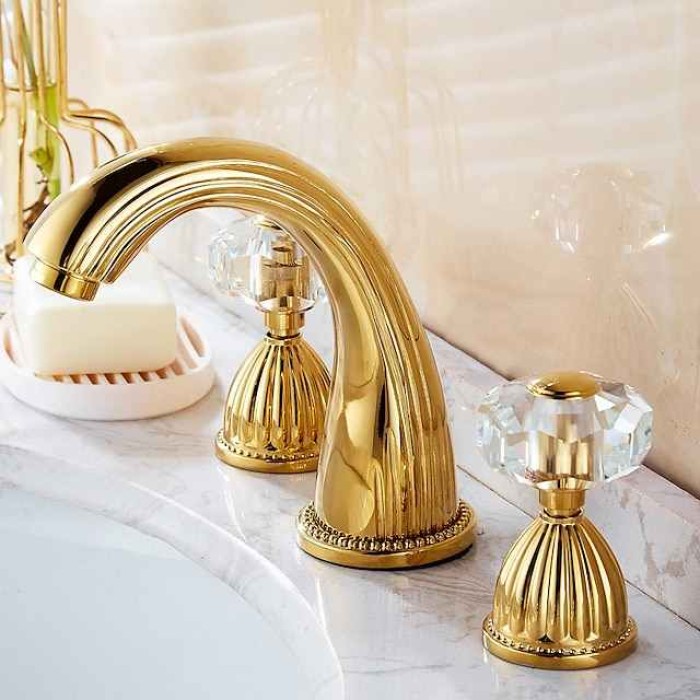 Widespread Bathroom Sink Mixer Faucet, 3 Holes 2 Handle Basin Tap, Retro Style Crystal Handle Brass Bathroom Sink Faucet Contain with Supply Lines and Hot Cold Water Hose Deck Mounted