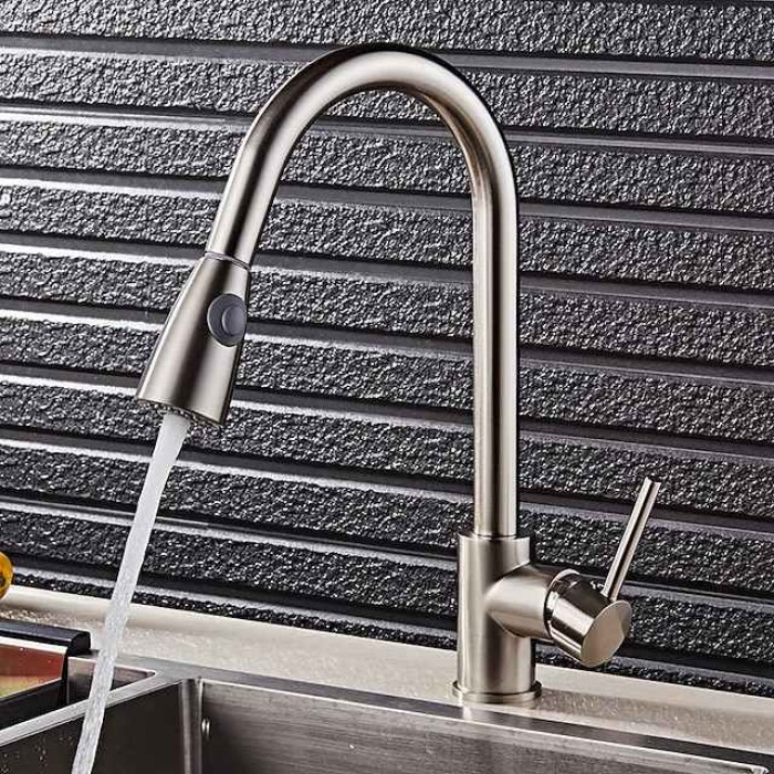 Kitchen Faucet,Minimalisht Style Brass Brushed Pull-out Tall High Arc Vessel Fashion Brushed Rotatable Contemporary Kitchen Taps with Hot and Cold Switch