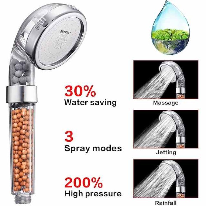 Stainless Steel Shower Head, Filter Filtration High Pressure Water Saving 3 Mode Function Spray Handheld Showerheads for Dry Skin & Hair