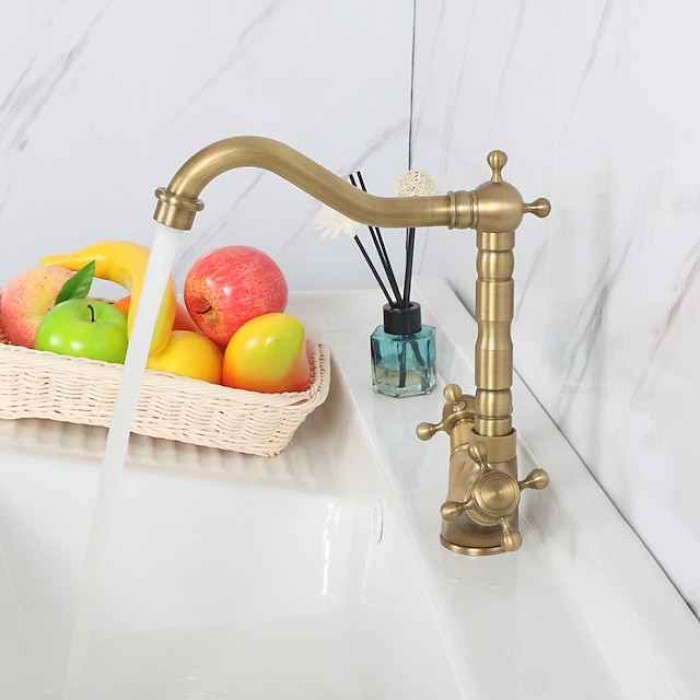 Single Handle Kitchen Faucet Antique Brass One Hole Rotatable Standard Spout/Tall/­High Arc, Brass Antique/COD Kitchen Faucet with Supply Lines / Adjustable to Cold and Hot Water