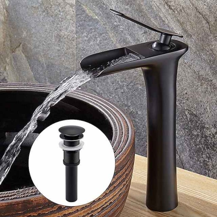 Brass Faucet Set,Waterfall Black Oxide Finish Deck Mounted Single Handle One Hole Bath Taps with Hot and Cold Switch