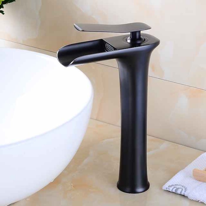 Brass Faucet Set,Waterfall Black Oxide Finish Deck Mounted Single Handle One Hole Bath Taps with Hot and Cold Switch