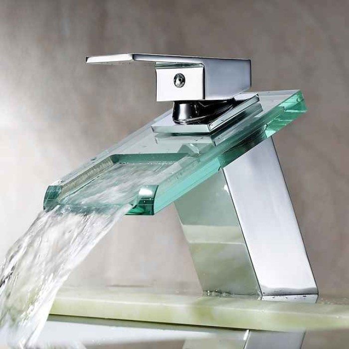 Bathroom Sink Mixer Faucet with Glass Waterfall Spout Chrome Finish Deck Mounted, Vessel Sink Basin Tap Vanity Bathtub Mixer Taps