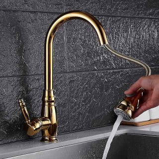 Kitchen Faucet Contemporary Retro Style Ti-PVD Pull-out/­Pull-down Vessel/Brass/Single Handle One Hole