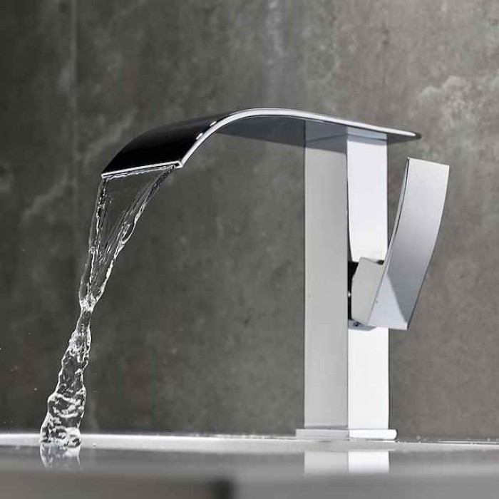 Modern Copper Chromium Plated Waterfall Basin Faucet,Single Handle One Hole Bathroom Sink Faucet with Hot and Cold Switch