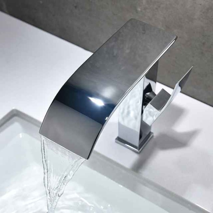 Modern Copper Chromium Plated Waterfall Basin Faucet,Single Handle One Hole Bathroom Sink Faucet with Hot and Cold Switch