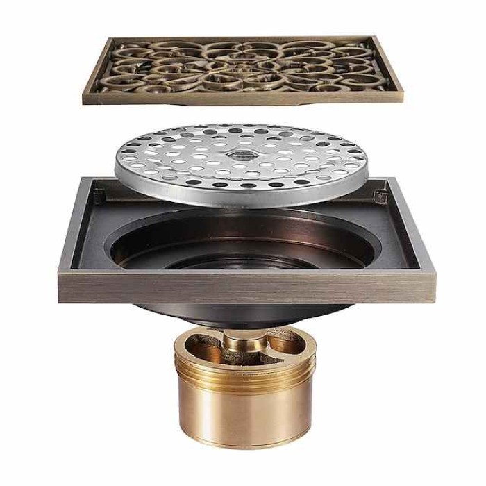 4 inch Shower Floor Drain Square, Removable Brass Insert Grate, Hair Catcher Strainer Black Chrome Golden