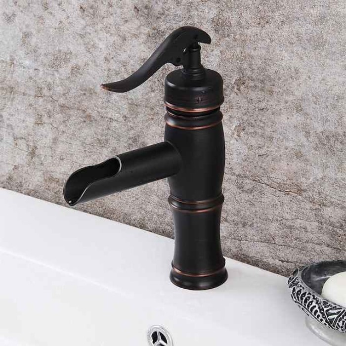 Oil-rubbed Bronze Bathroom Sink Faucet,Black Waterfall Centerset Single Handle One Hole Bath Taps with Hot and Cold Water Switch