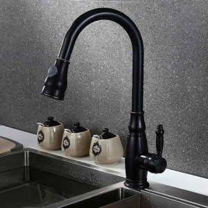 Brass Kitchen Faucet,Single Handle One Hole Oil-rubbed Bronze Pull-out Spray Widespread Tall High Arc Vessel Antique Kitchen Taps with Hot and Cold Switch