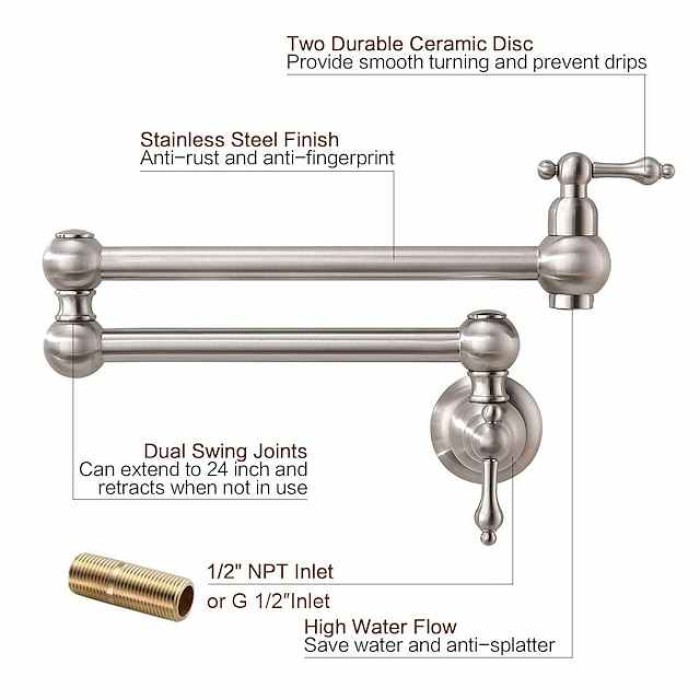 Kitchen Faucet,Wall Mounted Pot Filler Brass Two Handles One Hole Brushed Foldable Faucet