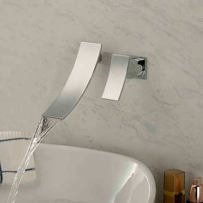 Bathroom Sink Faucet,Modern Style Stainless Steel Slide Shape Design Wall Mount Waterfall Chrome Single Handle Two Holes Bath Taps with Hot and Cold Switch and Valve