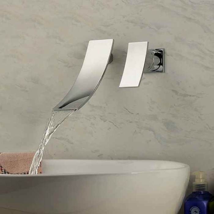 Bathroom Sink Faucet,Modern Style Stainless Steel Slide Shape Design Wall Mount Waterfall Chrome Single Handle Two Holes Bath Taps with Hot and Cold Switch and Valve