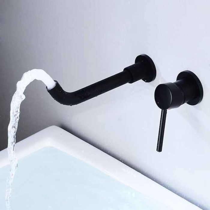 Bathroom Sink Mixer Faucet Wall Mounted, 2 Holes Single Handle Wash Basin Sink Mixer Brass Taps Rough in Valve with Cold Hot Water Hose, Aged Bronze/Black Satin Nickel/Bright Chrome