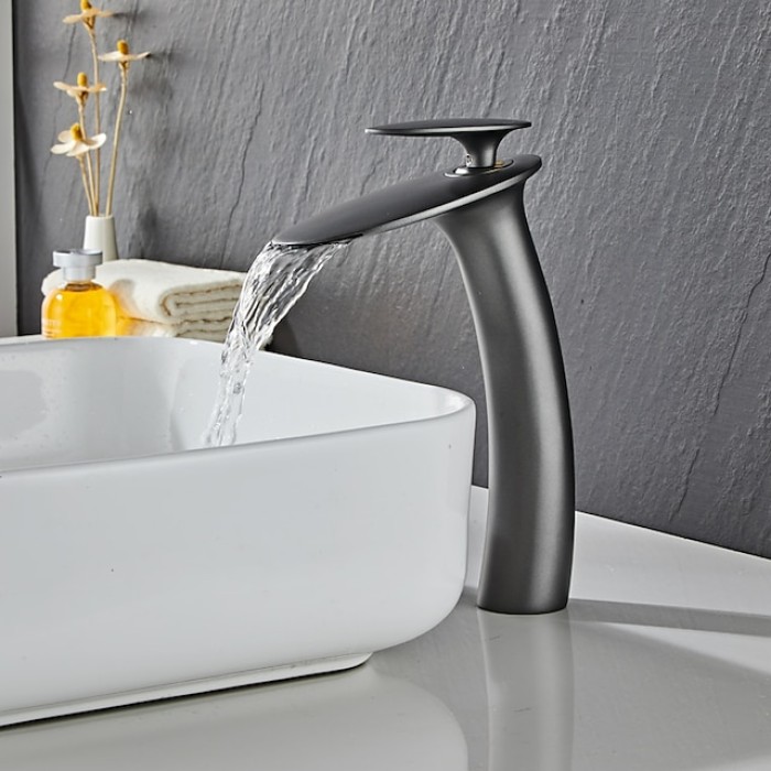 Bathroom Faucet Single Handle Silvery Waterfall Brushed Sink Faucet Contain with Cold and Hot Water Mixer