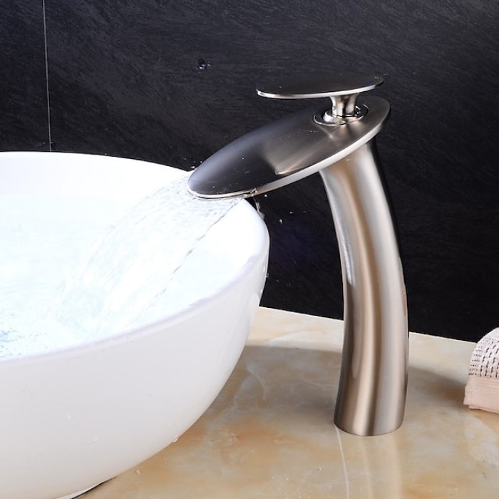 Bathroom Faucet Single Handle Silvery Waterfall Brushed Sink Faucet Contain with Cold and Hot Water Mixer