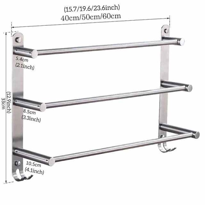 Towel Holder with Hooks for Bathroom,3-Tiers Wall Mounted Stainless Steel Brushed Towel Rack Rustproof Towel Bar 40/50/60CM(Silvery)