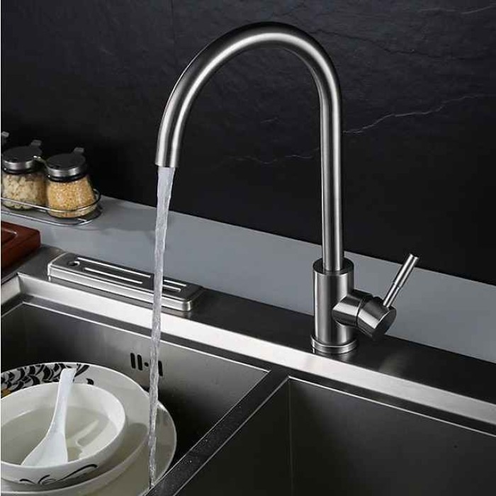 Stainless Steel Kitchen Faucet,Brushed Free Standing Single Handle One Hole Standard Spout High Arc 360° Rotatable Bathroom Sink Faucet with Hot and Cold Water Switch